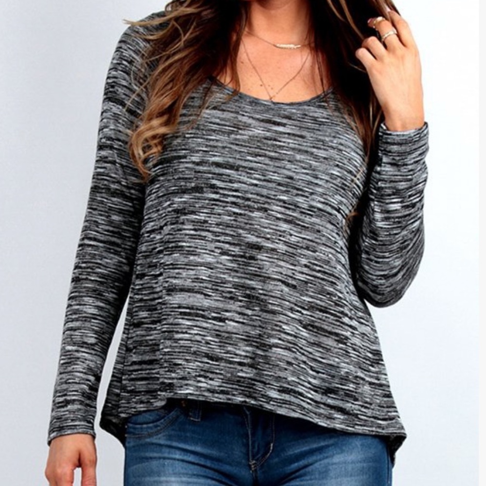Black Heather Split-Back Long Sleeve Top